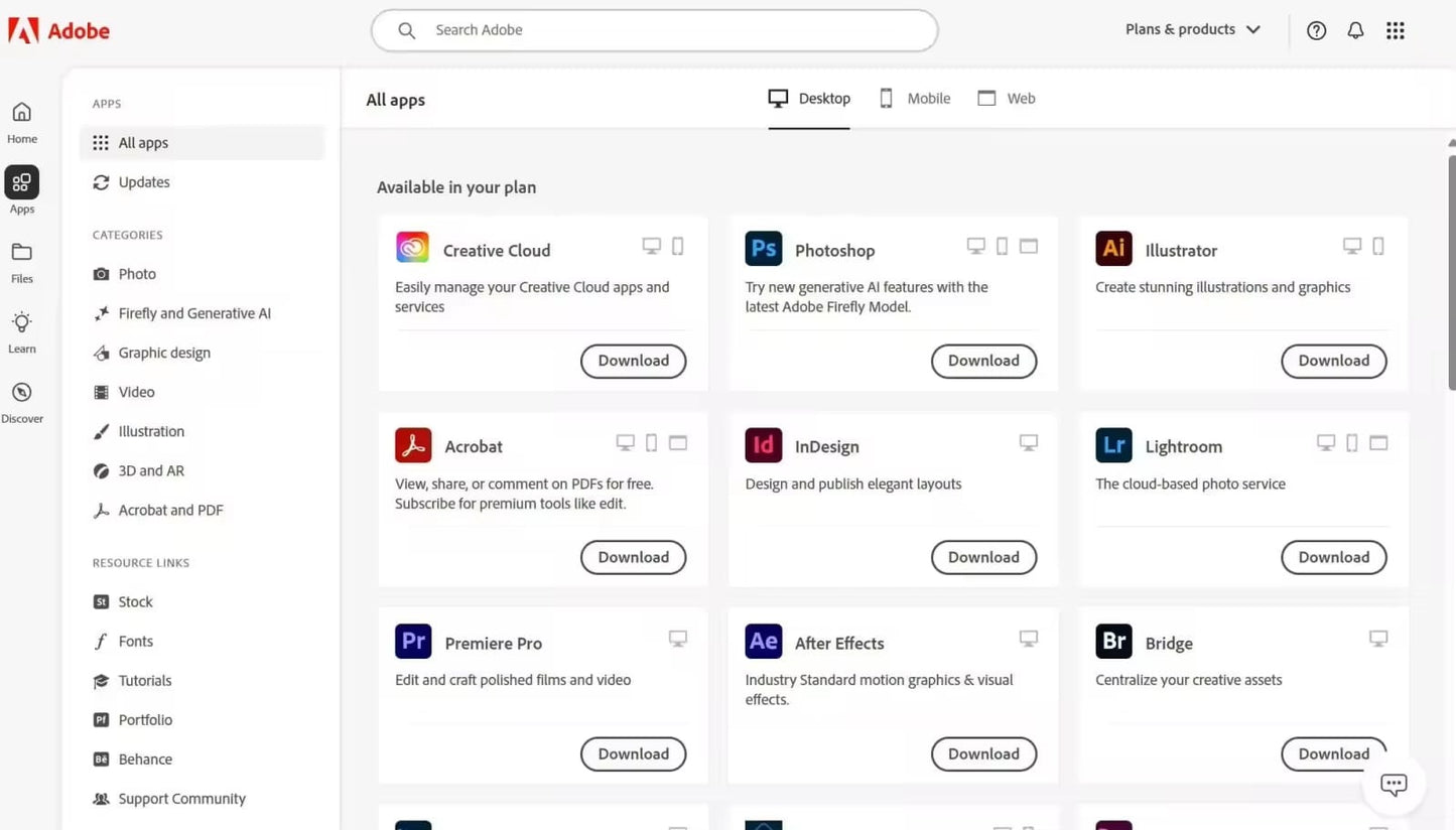 Adobe Creative Cloud todas las aplicaciones Windows y Mac os 1 año
